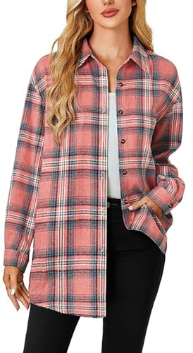 Jhsnjnr Blusa de franela a cuadros para mujer, con botones, cuello en V, camiseta larga, holgada, a cuadros, rosa oscuro, M