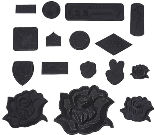 16 Pcs Parches para Planchar, Parches para Ropa Termoadhesivos, Apliques Bordados Negros, Parches de Tela Bordada, para Vaqueros, Chaquetas, Camisas, Sombreros