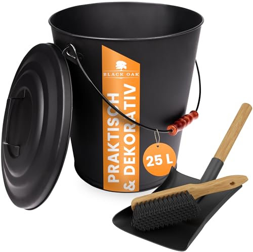 BLACK OAK Secchio per cenere Santorini, 25 l, set pala e scopa, grande, 25 litri, rotondo, con coperchio, in acciaio zincato a prova di fuoco, verniciato a polvere, cenere e carbone, accessorio ideale