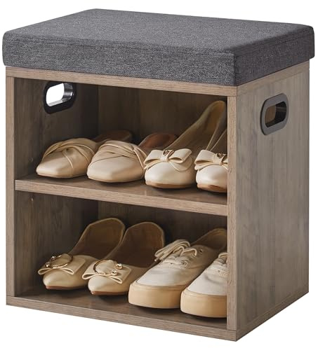 YMYNY Banco Zapatero con Asiento, 2 Gradas Zapatero Pequeño, Estante Regulable en 3 Alturas para Sala de Estar, Pasillo, Dormitorio, 42H*39L*28Wcm, Gris Plata HBD028Y