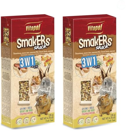 Vitapol Smakers® Natural Treat Sticks for Rodents & Rabbits – Enriched with Fruits, Vegetables, Herbs, Nuts & Probiotic Yoghurt – Healthy Complementary Snacks (3pcs, 135g, Nut-Forest Fruits-Popcorn)