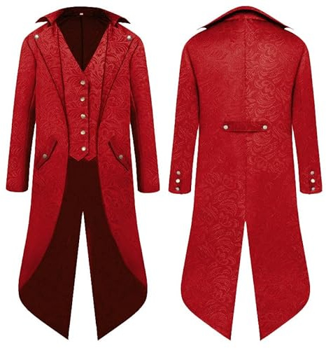 YQVGFBY Steampunk Coat Tailcoat Men,Medieval Clothes Wizard Costume Pirate Coat Men,Halloween Renaissance Pirate Vampire Party Cosplay Costumes for Adults (Red, L)