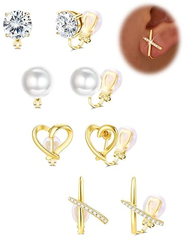 FIOROYAL Clip Boucles D'oreilles Femme- Boucle D'oreille Clip Argent/Or pour Femme Filles Enfants-Hypoallergénique Zircone Cubique Knot Twist Fleurs Clips Oreilles non Percées Set G2