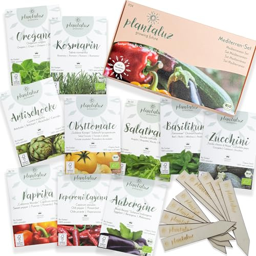 Plantaluz Bio Premium Saatgut Mediterran-Set – 10 Sorten mediterranes Gemüse & Kräuter für Garten, Balkon & Hochbeet – inkl. Pflanzstecker – samenfest, ungebeizt, gentechnikfrei