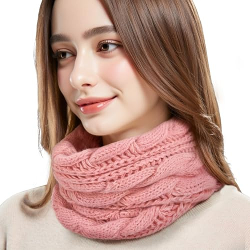 LEHEEYWT Infinity Scarf, Warm Knitted Scarf for Women UK, Thermal Ladies Scarves Neck Scarfs Gifts Snoods for Women (Pink)