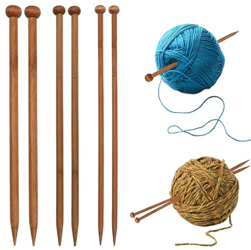 Whispern Cloud 6 Pack Bamboo Knitting Needles Set, 25cm Straight Knitting Pins in UK Sizes 6mm, 8mm & 10mm, Lightweight Wooden Knitting Needles for Beginners & Professionals