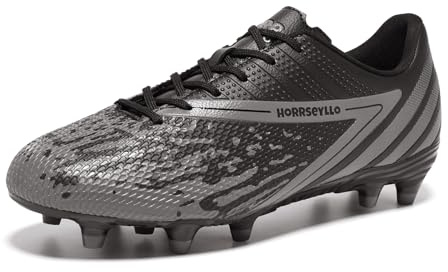 HORRSEYLLO Soccer Cleats for Men and Women Professional Football Training Shoes Outdoor Durable Firm Ground Lightweight Adult Rugby Boots Black/Grey