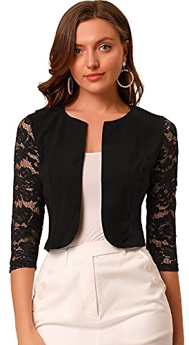 Allegra K Femme Shrug Dentelle Manches 3/4 Veste Habillée Soirée | Coupe Courte Manches 3/4 Dentelle Veste de Soirée sans Col