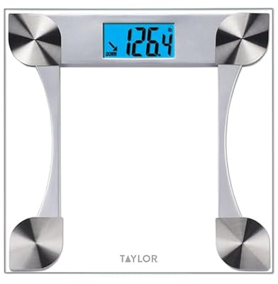 Taylor Digital Bathroom Scale for Body Weight, Large 12.2 Inch Glass Platform, Blue Backlit LCD Display, 440 lb Capacity, Weight Tracking for 2 Users, Clear