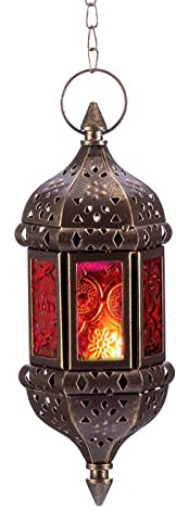 Nuptio Marokkanische Kerze Laterne Hängend Teelicht Kerzenhalter Metall & Glas Ramadan Lampe Braun Dekorative Laternen für Kerzen für Wohnzimmer Balkon Halloween Weihnachtsdekorationen, 1 Stück