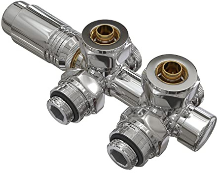 EMKE Robinetterie de vanne de radiateur multibloc - Accessoire de chauffage d'angle et de passage - Bloc de robinet de radiateur avec thermostat (φ16 x G1/2, 1 pièce, chromé)