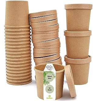 DeinPack 50 Suppenbecher to Go mit Deckel braun 750 ml 26oz I Becher mit PLA Innenbeschichtung Suppen-Becher to Go Pappe I 50 Bio Einweg-Becher mit Deckel | Eisbecher mit Deckel | biologisch abbaubar