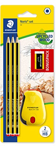 STAEDTLER 120 SBK3P2 Noris edizione limitata Happy Birthday confezione da 3 matite Noris grafite HB, gomma Noris e temperamatite Noris