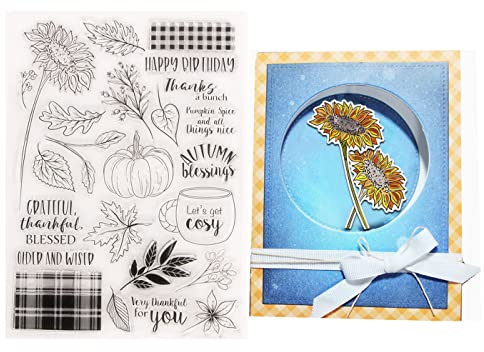 Arbuya Autumn Blessings Pumpkin Clear Stamps for Card Making or Journaling, Sunflower Fall Leaves Sentiment Thanks Rubber Stamps for Albums Journals Scrapbooking Paper Crafts Decoration-AT1895