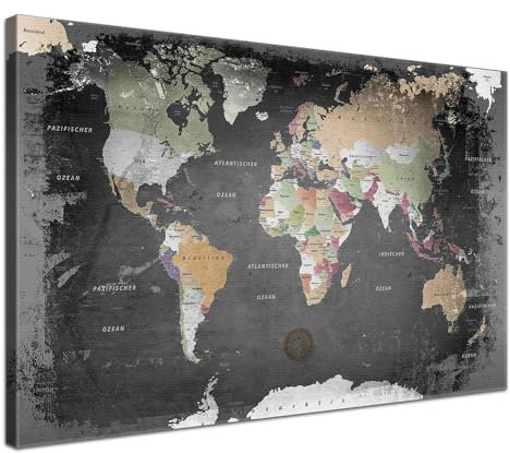LANA KK Stilvolle Pinnwand Weltkarte - Graphit - Deutsch in 80 x 60 cm, stabile Rückwand zum Pinnen inkl. Starterkit - Leinwand-Kunstdruck Wandbild Landkarte XXL