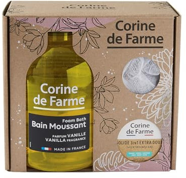Corine de Farme - Coffret Bain Moussant Parfum Vanille - Bain Moussant Parfum Vanille 1L + 3en1 Solide 75g + 1 Fleur de douche - Fabriqué en France