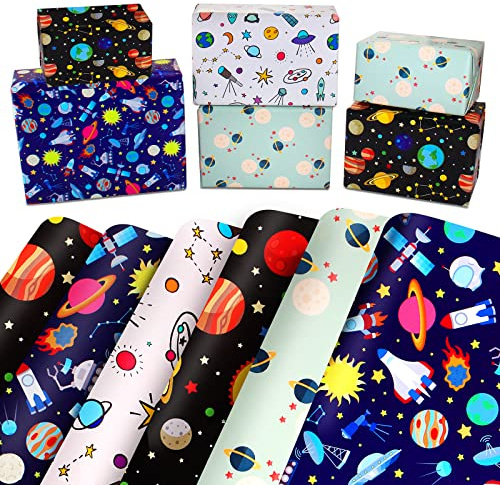 Space Papier cadeau d'anniversaire pour enfants garçons et filles avec motif bleu et blanc marine - Feuilles de papier cadeau avec galaxie vaisseau spatial - Ensemble de papier cadeau d'anniversaire
