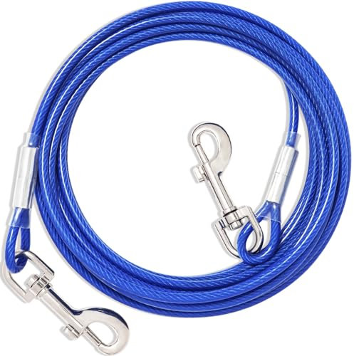 BlueDog - Correa de cable de amarre, 3/6/9/15 m, para patio con alambre de acero y clips duraderos, cadenas para perros pequeños y grandes (15 m)