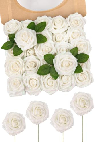 N&T NIETING 25 Pièces Roses artificielles,Fleurs artificielles à Paillettes Blanches avec Tige pour Bouquet de Mariage, Arrangement, fête, Douche prénatale et décoration d'intérieur