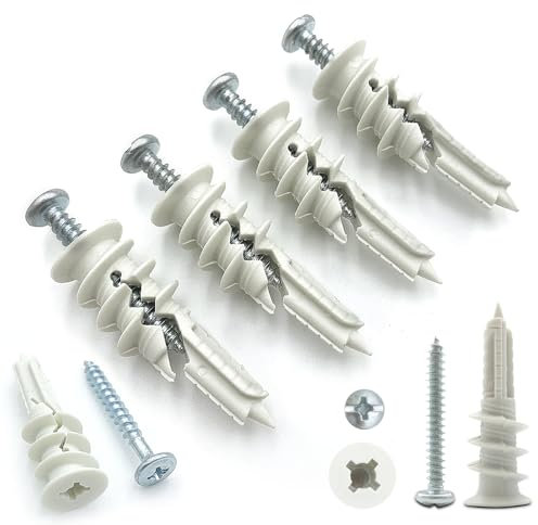 Lot de 60 chevilles et vis autoforeuses en plastique #8 #8 - Kit d'ancrages muraux filetés autotaraudeuses pour cloison sèche - Peut supporter jusqu'à 34 kg de suspension et de montage - Pas de trou