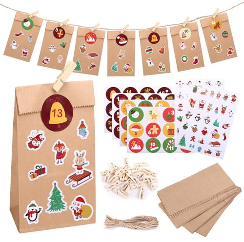 Naler DIY Advent Calendar Kit Empty Advent Calendar 2025 with 24 Paper Bags and Stickers Paper Make Your Own Advent Calendar Lovely Christmas Advent Calendar