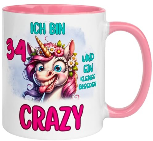 34 Geburtstag Frauen Geschenk Tasse | Ich bin 34 und kleines bisschen crazy | Lustige Geburtstagstasse mit Spruch 34. Geburtstag | 34ter Geburtstag - Witziges Geburtstagsgeschenk Frau