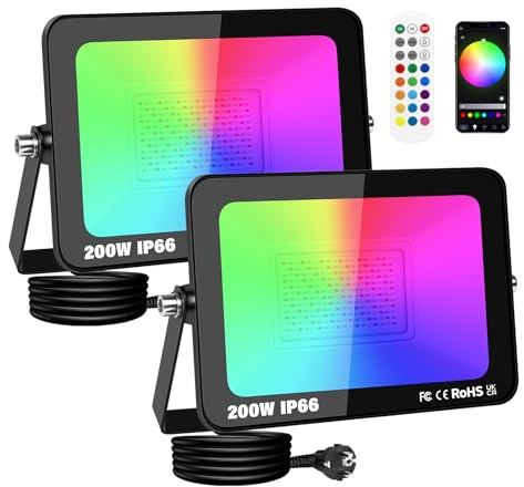 PICAA 2X Smart 200W RGB LED Floodlight,Dimmable Colour Changing Flood Light | APP Remote Control, 4.6ft Cord Plug, IP66, Outdoor Work Lamp, for Garden Party Stage Decorations