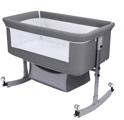 Fiauli Baby Cribs for Newborn 0-3years,Baby Bedside Crib with Large Curvature Cradle, Height Adjustable Bedside Bassinet, Movable Beside Bassinet with Mosquito Net (Grey) 1 Set