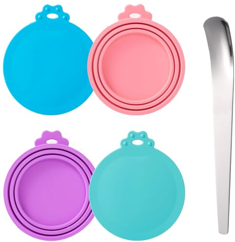Couvercle Silicone Alimentaire pour chats Couvercle alimentaire humide pour animaux, Couvercles pour aliments en conserve pour chats et chien avec cuillère accessoires pour animaux, Lot de 4