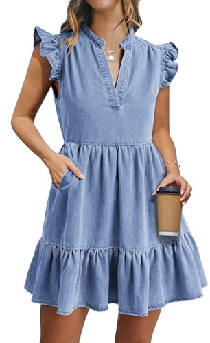 Fengbay Denim Dresses for Women UK, Ladies Puff Short Sleeve Casual Jean Dress Square Neck Denim Dresses with Pockets