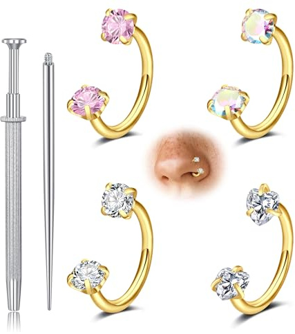 Longita Gold Horseshoe Nose Ring for Women Double Gem Horse Shoe Nose Ring Hoop 18g Surgical Steel Cartilage Helix Tragus Earring Hoops Labret Lip Piercing Jewelry Small Septum Rings 18 Gauge 4pcs