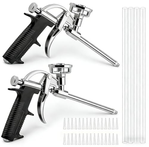 VEGOATY 2 pistole in schiuma poliuretanica: pistola a schiuma con 4 ugelli lunghi e 50 ugelli corti, pistola in schiuma con impugnatura ergonomica in plastica e pulsante di regolazione del flusso per