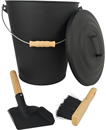 Relaxdays Secchio per Cenere con Coperchio, 24 L, Scopa e Paletta per Camino, Contenitore con Manico, Nero/Naturale