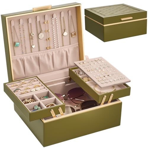 Lolalet Jewelry Box Organizer for Women Girls, 2 Layer Jewelry Organizers and Storage for Necklace Earrings Rings Bracelets, Large Jewellery Holder Case Birthday Mothers Day Gifts -Olive Green