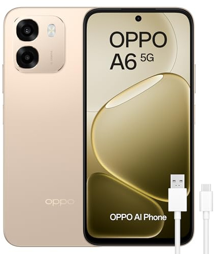 OPPO A6 5G - Smartphone Libre con IA, 6GB RAM+256GB, Batería 6500 mAh, Carga Rápida 45W, Pantalla LCD HD+ 120Hz, IP69, Cámara 50MP AI, Dual SIM, Versión Española - Dorado
