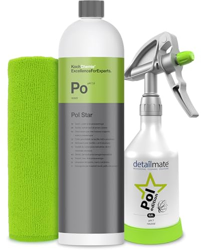 detailmate Interior Cleaning Set- Koch Chemie POL Star Textile, Leather & Alcantara Cleaner 1L - Kwazar Super PRO+ 360 Degree Spray Bottle 0,5L, Double Action Trigger - Microfiber Cloth 40x40 c