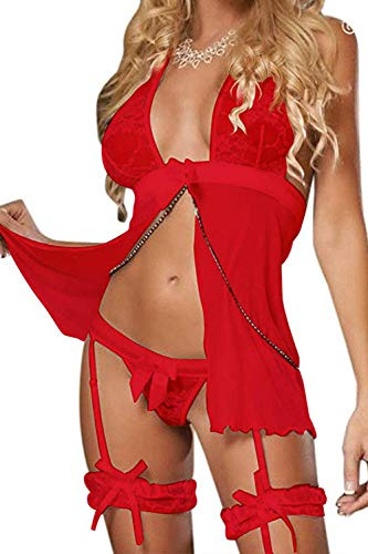 JFAN Donna Strass Lingerie Vestito Pizzo Donne Completi Intimi Pigiama Donne Bellissima Biancheria Camicia da Notte in Stile Europeo Siamese(Rosso)