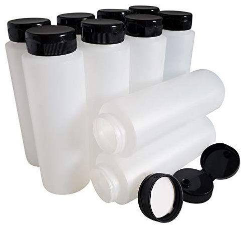 kelkaa 8oz HDPE Plastic Squeeze Bottles with Wide Mouth Opening, Black Flip Top Caps for Condiments and Any Thick Liquid Products, Multi Purpose Refillable Empty Bottles (Pack of 10)