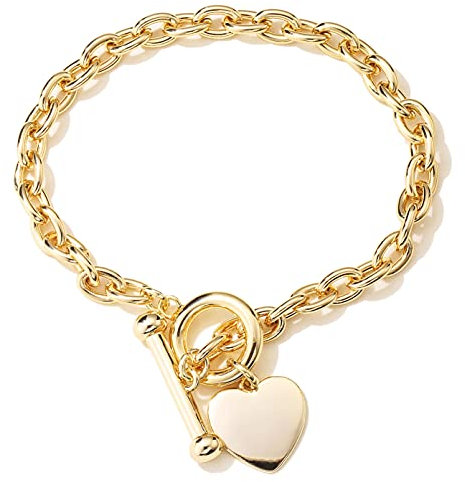 Gold Toggle Heart Bracelet with Oval Links and T Bar - Elegant 18K Real Gold Plated Jewellery for Women - Engravable Heart Tag Design - Fits up to 8 Inch Wrists