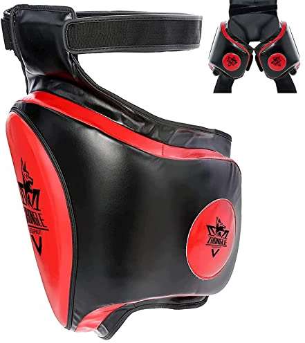 ZHONGLE Oberschenkelpolster Muay Thai, Oberschenkel-Sport-Protektor-Pads Max Thick 10,2 cm, Muay Thai Oberschenkelschoner Kick-Pads, Kicking Beinpolster für Muay Thai, UFC (Black+red/Left Leg+)