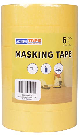 ADHES Yellow Painters Tape, Yellow Masking Tape, Painting Tape for Walls, Labeling, 14 Days Clean Remove, 30mm x 50m, (1.2Inch x 55yard), 6Rolls