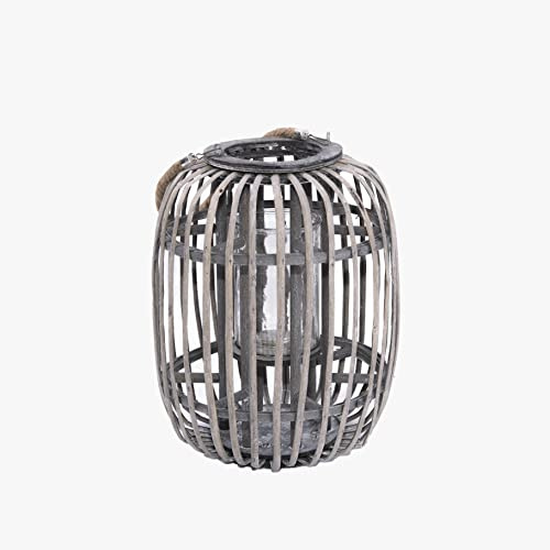 Grey Wicker Lantern With Candleholder Garden Lightning Table Lights Rattan Lamp Decorative Rattan Lantern- Height 34 cm