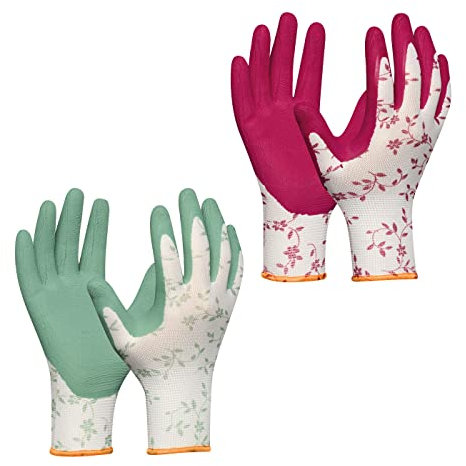 Gebol Flower Duo | 2 Paar | Größe S (Gr 7) | Gartenhandschuh Doppelpack in den Trendfarben 2023 | Arbeitshandschuh mit Blumenmuster | weiche Latex Beschichtung für guten Grip | für Damen | rot, grün