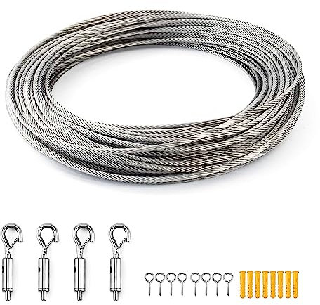 TXErfolg 10M Cable de Acero Inoxidable 2mm Juego de Enrejado de Cable PVC 7X7 Cables de Acero nylon Revestida para Colgar Luces De Cadena Toldos Tendedero Soporte Planta línea de ropa