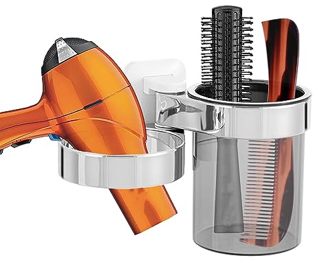 RAIKEDR Hair Dryer Holder, Bathroom Blow Dryer Organizer with Storage Tray, Hair Care Tools Holder Wall Mount - Extra Large Rim (Silver+White, L 7.7”×W 4.1”×H 4.3”)