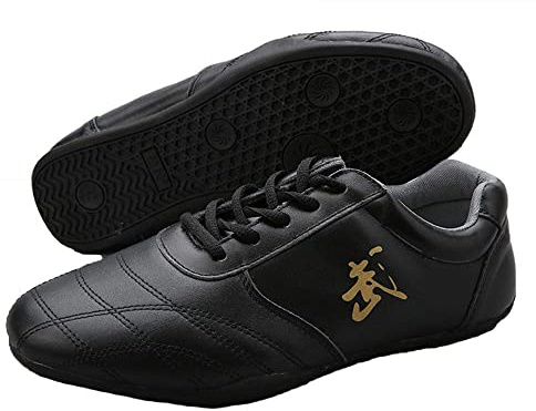 Kampsport skor för män, lätta Taekwondo skor Läder Kung Fu Taichi skor för daglig träning,Black,43 EU