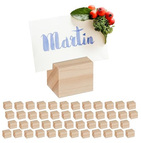 Relaxdays Tischkartenhalter Holz, 48er Set, Kartenhalter Tischkarten, Menükarten, Postkarten, Fotos, Aufsteller, Natur