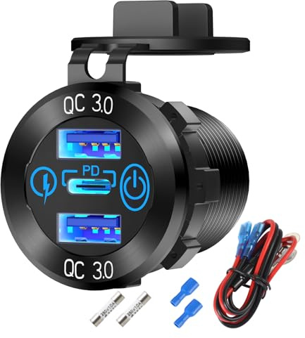 Presa di corrente da auto 12V USB in alluminio PD 3.0 Tipo C e doppia porta USB Quick Charge 3.0 Presa di corrente multipla impermeabile 12V/24V con interruttore a sfioramento per auto, barca, moto