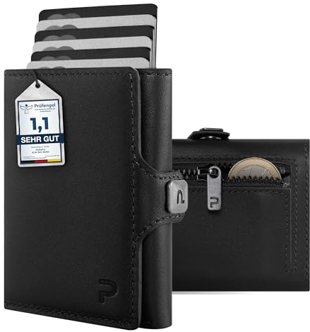 PURISTO KLIK Classic Slim Wallet mit Münzfach - Mini-Geldbörse für Herren aus Echtleder - Kleines Kartenetui mit RFID-Schutz für 10-14 Karten - Schwarz
