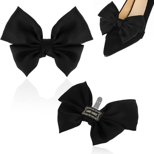 Jeffdad 2 Elegant Bow Shoe Clips for Women - Black Satin Buckle Wedding Party Accessories